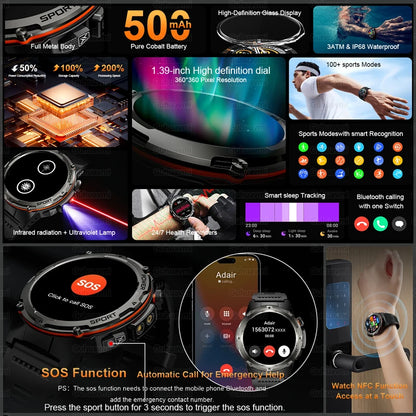 2024 New Military Smartwatch IP68 Waterproof outdoor Sports Fitness tracker health monitor BT call 365nm UV+ infrared