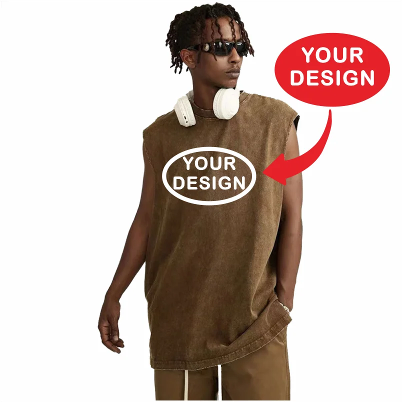 Retro Pickled Cotton Tank Top Logo Custom Print Men's and Women's Fitness Gym Exercise Street Sports Leisure Sleeveless T-shirt