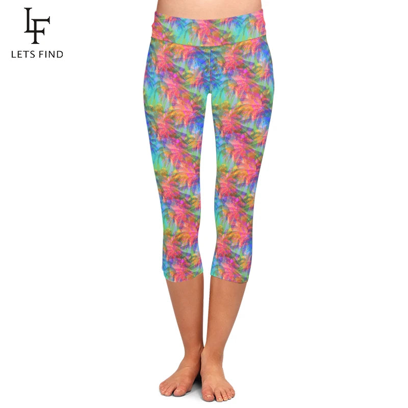 LETSFIND Summer New Arrival Women Capri Leggings Fashion High Waist 3D Flowers Digital Print Fitness Sexy Stretch Girls Leggings