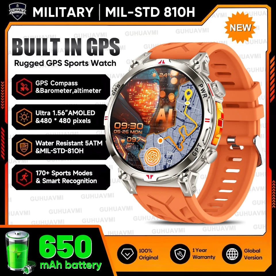 2026 Outdoor GPS Sports Smart Watch Men Built in GPS Compass 5ATM Waterproof Bluetooth Call HD AMOLED Screen Fitness Smartwatch