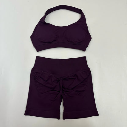 Yoga Shorts Sets Seamless Yoga Set Women 2Pcs Halter Sports Bra Scrunch Butt Gym Shorts Set Workout Clothes Summer Sportswear