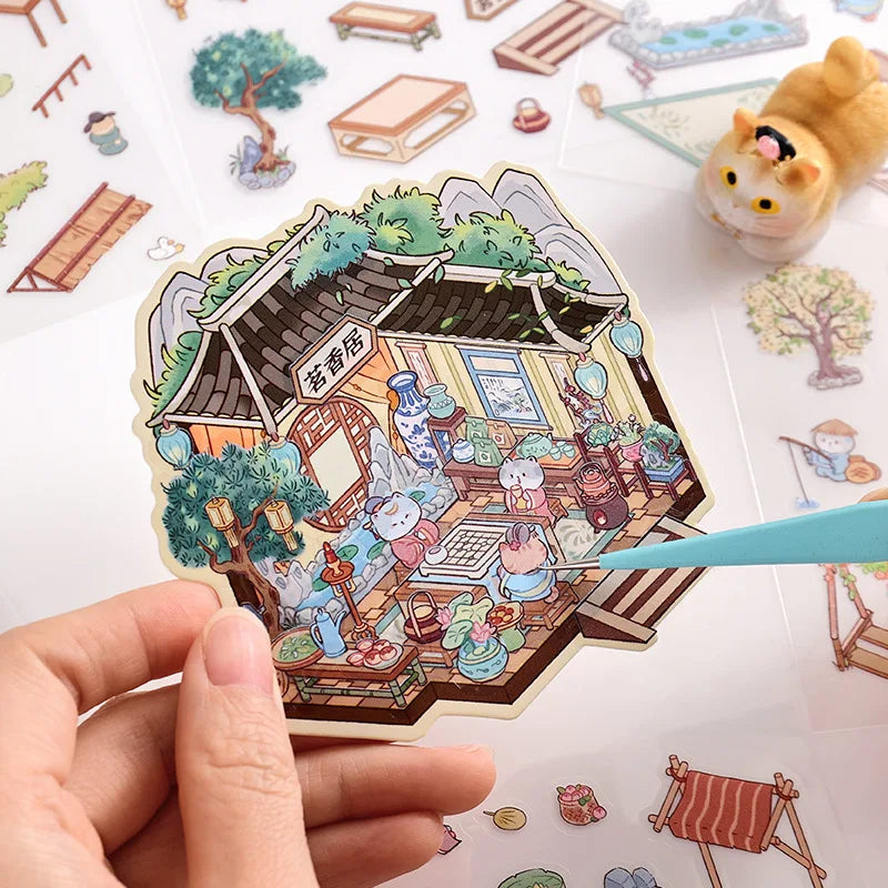 Rertro Cute Cartoon Chinese Courtyard 3D Sticker Set DIY Garden Miniature Diorama Decals Landscape Stickers for Journaling