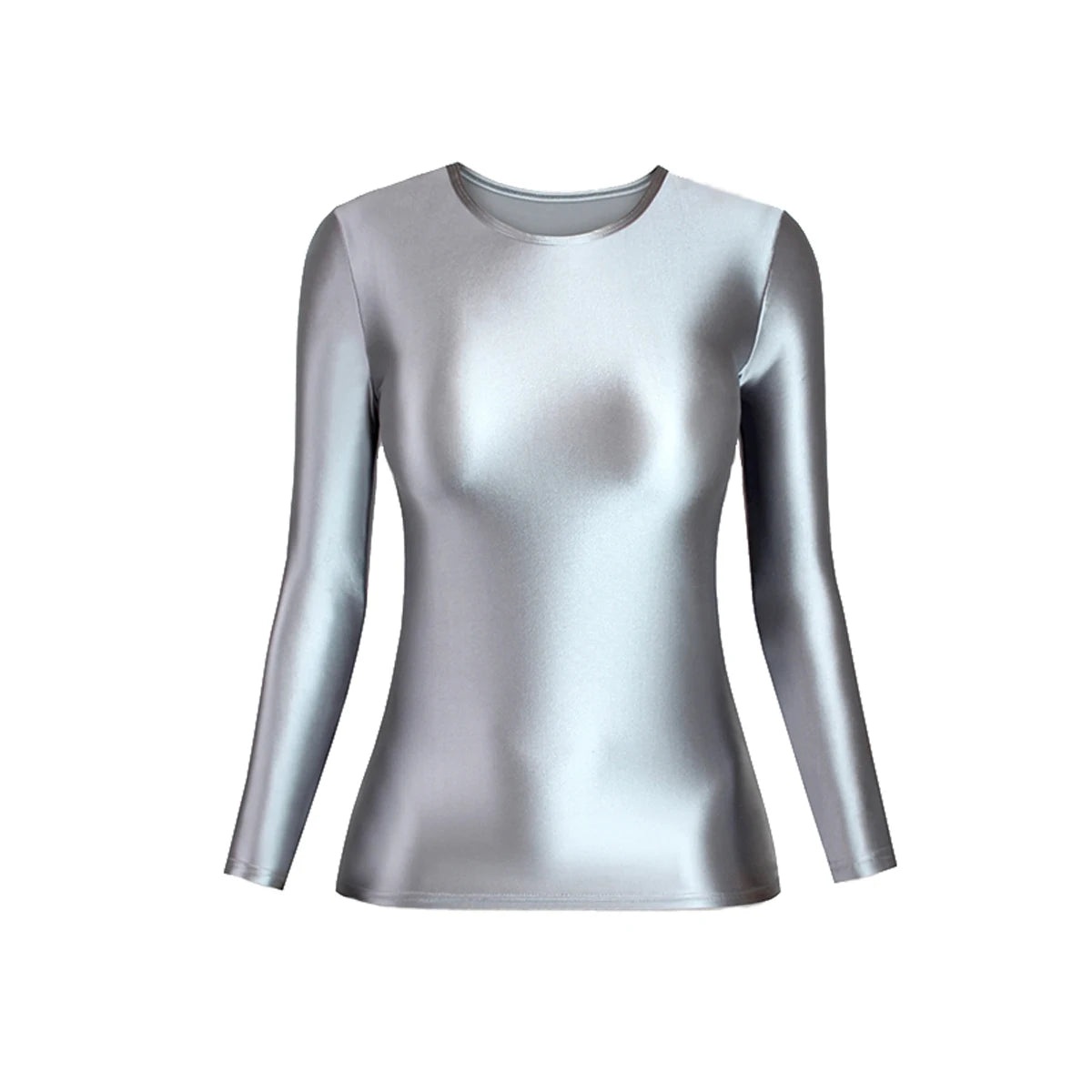 MJINM Glossy Satin Elastic Crewneck Longsleeve Breathable Tops Blouse Streetwear Sport Fitness Yoga Tees Casual Tight Undershirt