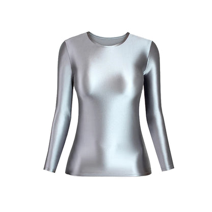 MJINM Glossy Satin Elastic Crewneck Longsleeve Breathable Tops Blouse Streetwear Sport Fitness Yoga Tees Casual Tight Undershirt