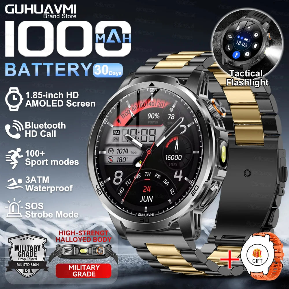 2026New Rugged Military Grade Smart Watch Men 1000mAh Large Battery Flashlight Waterproof Voice Call Sports Men Fitness Bracelet