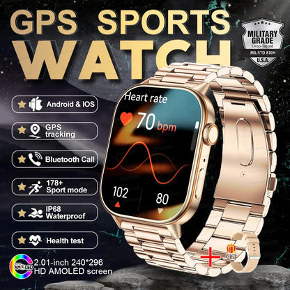 2025 New Outdoor Military GPS Smart Watch 2.01-inch AMOLED Screen BT Call 178+ Sport Mode IP68 Waterproof Smartwatches Man Women
