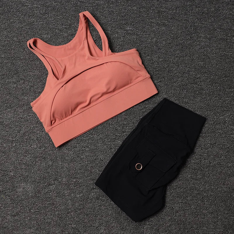TRY TO BN Fitness Shorts Yoga Sports Bra Sets Women's Tracksuit Sportswear Workout High Waisted Leggings Cycling Gym Suit Pocket