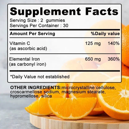 Iron Gummies 650 Mg - Promotes Red Blood Cell Production, Relieves Fatigue, Gently Absorbs Iron, and Improves EnergySupplementsS