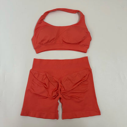 Yoga Shorts Sets Seamless Yoga Set Women 2Pcs Halter Sports Bra Scrunch Butt Gym Shorts Set Workout Clothes Summer Sportswear