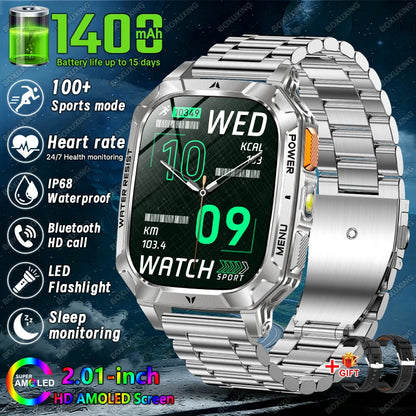 2026 New 1400 mAh Battery Military Grade Smart Watch Men IP68 Waterproof 100+ Sports Modes Bluetooth Call AMOLED HD Smartwatches