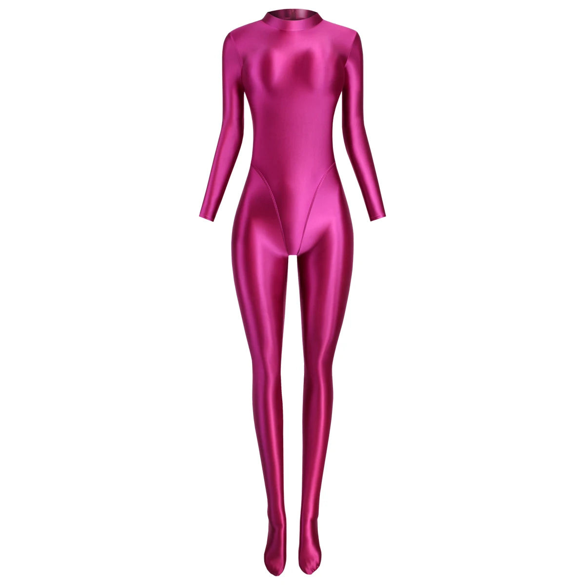MJINM Glitter Shiny Satin High Stretch V-crotch Longsleeve Back Zipper Yoga Fitness Jumpsuit Bodysuit Playsuit Catsuit Homewear