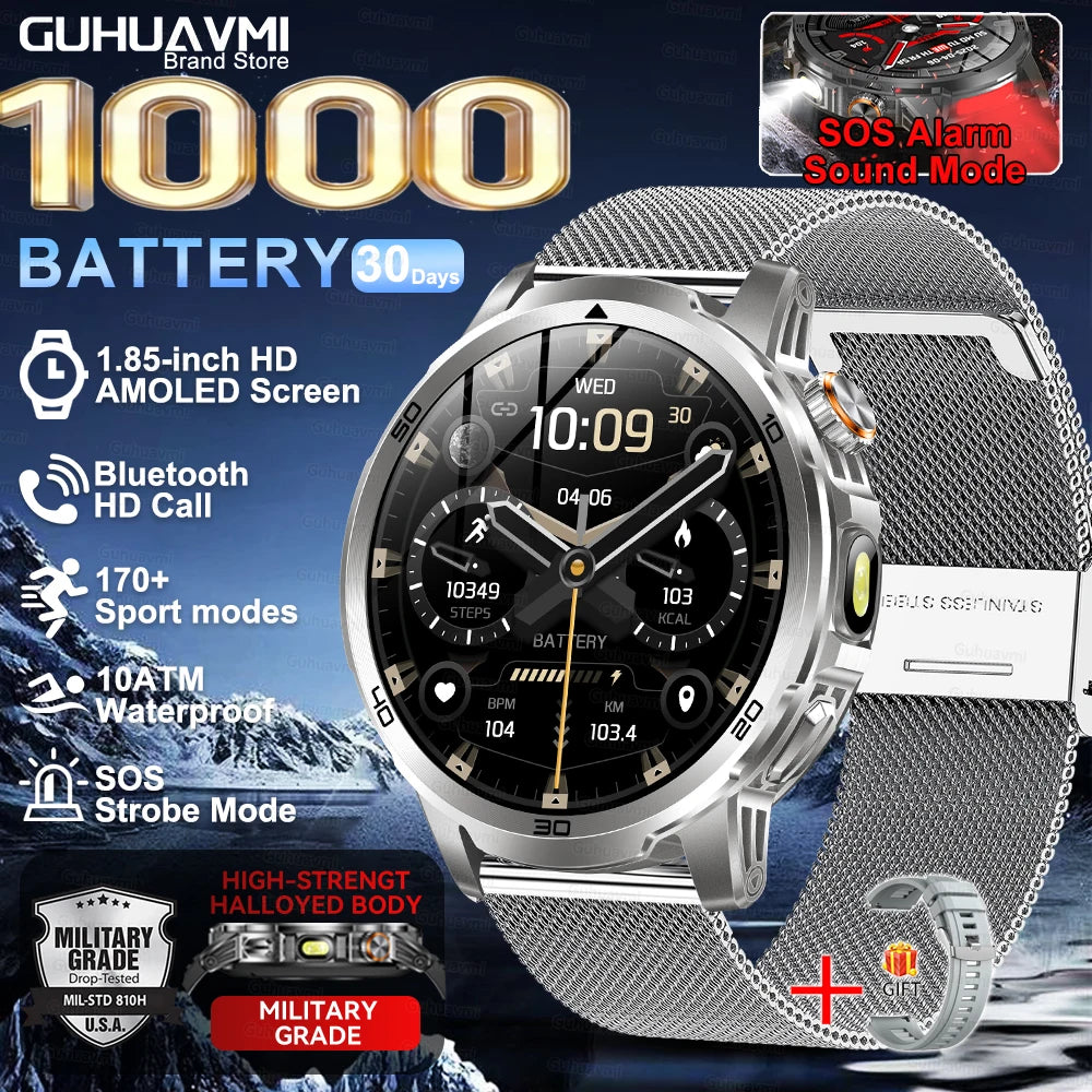 2026 New Outdoor Military 1.85-inch 466*466 Smart Watch Fitness Clock Men 1000mAh Battery 10ATM Waterproof HD Call Bracelet Men