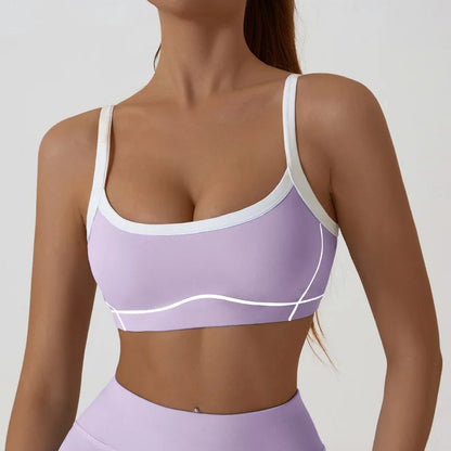 Nude High-elasticity Yoga Suit Contrasting Color Bra Halter Top Hip-lifting Fitness Line Shorts Pilates Sports Set