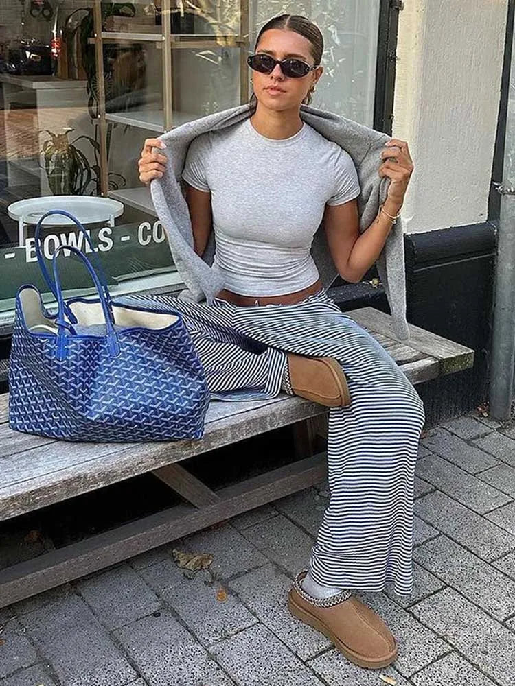 Women's Stripe Drawstring Low Waist Sweatpants Casual Elastic Baggy Straight Leg Pants Loose Fit Summer Streetwear Trousers