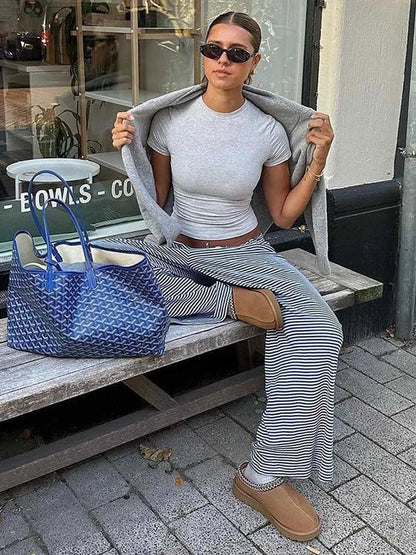 Women's Stripe Drawstring Low Waist Sweatpants Casual Elastic Baggy Straight Leg Pants Loose Fit Summer Streetwear Trousers