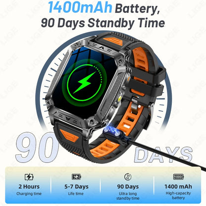 LIGE 1400mAh Large Capacity Battery Smart Watch Men Outdoor SOS Flashlight IP68 Sports Fitness Tracker Voice Calling Smartwatch