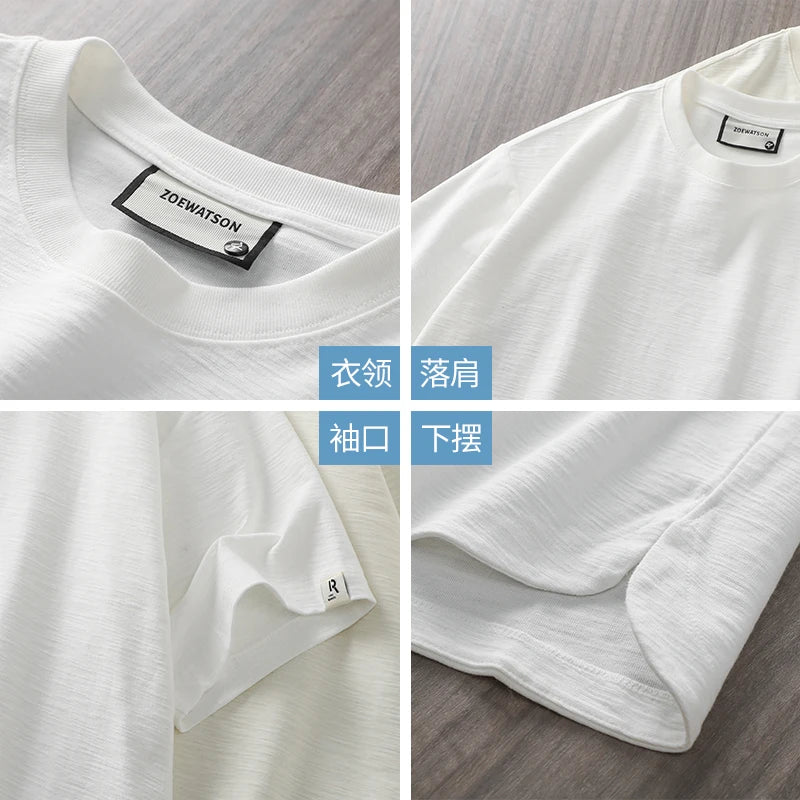 Dukeen Men Short Sleeved T Shirt Summer Loose 300Gsm Cotton Casual Sports Solid Color Round Neck White Tops