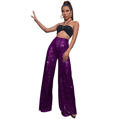 Vintage Bling Bling Sequined Pants Sexy Women High Waist Elegant Night Club Shiny Sequins Trousers