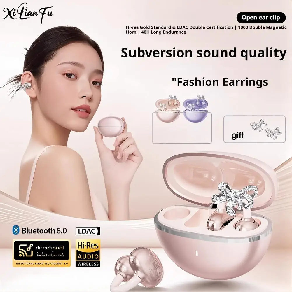 VIVO Clip-on Earbuds Wireless Bluetooth Open Ear Headphones with Detachable Crystal Bowknot Earrings Sports Fitness Workouts