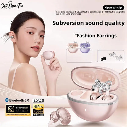 VIVO Clip-on Earbuds Wireless Bluetooth Open Ear Headphones with Detachable Crystal Bowknot Earrings Sports Fitness Workouts