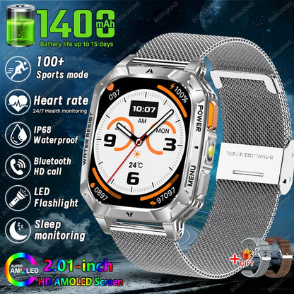 2026 New 1400 mAh Battery Military Grade Smart Watch Men IP68 Waterproof 100+ Sports Modes Bluetooth Call AMOLED HD Smartwatches