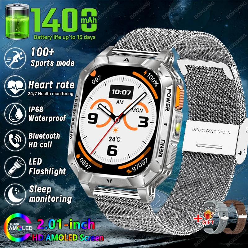 Rugged Military 1400mAh Battery Smart Watch Fitness Tracking IP68 Waterproof Tactical Sports Flashlight 2026 New Men Smartwatch