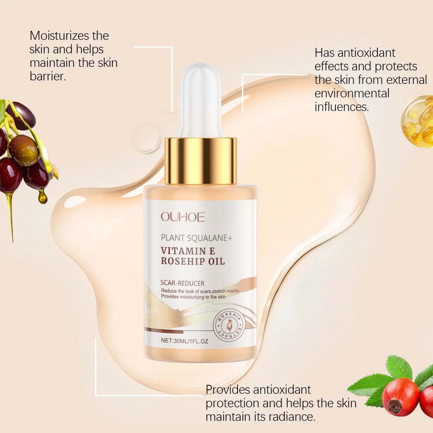 Moisturizing Squalane Rosehip Face Oil Lifting Firming Fade Fine Lines Smoothing Nourishing Skin Rejuvenation Facial Care Oil