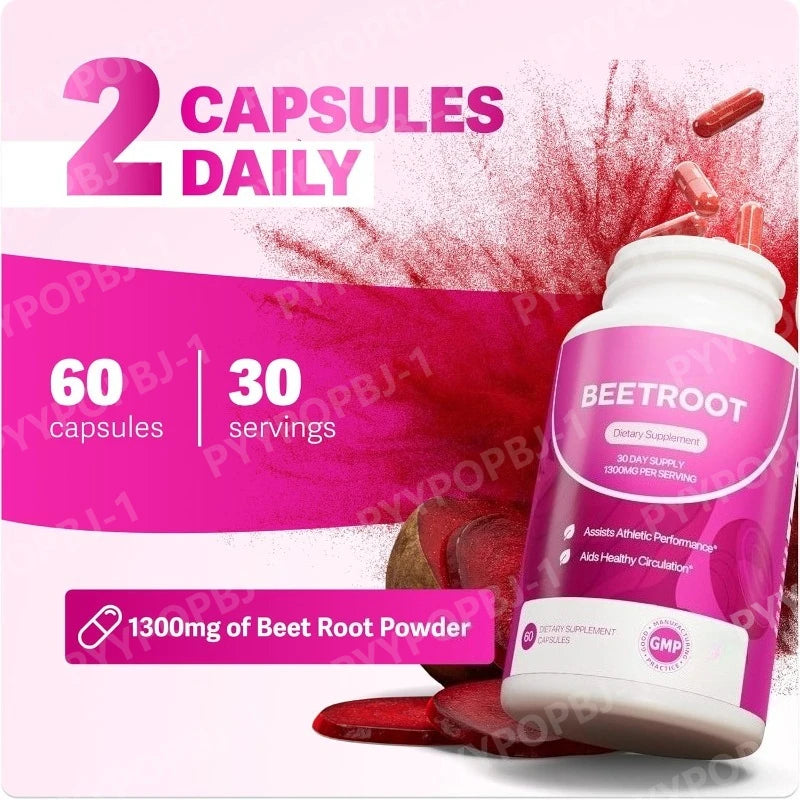 Organic Beet Root Capsules 1300mg Natural Beetroot Powder Supplement for Circulation Energy Support 60 Capsules