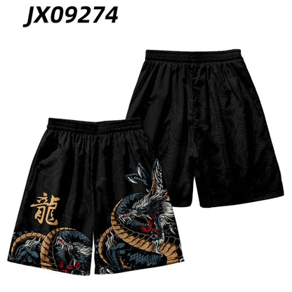 Summer Streetwear Beach Shorts Casual Chinese Dragon Print Men Women Elastic Waist Black Shorts Plus Size