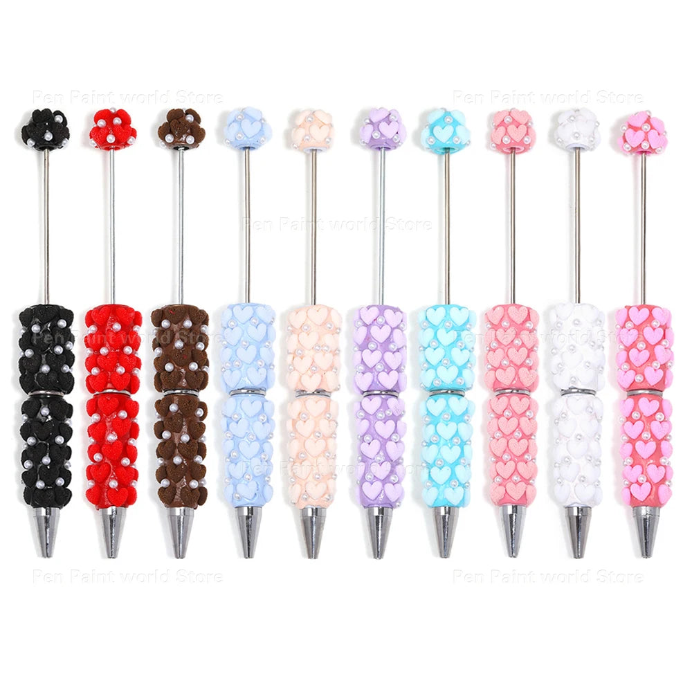 10-50Pcs DIY Clay Heart Bead Pen with Pearl Detail — Useful Ballpoint Pen for Journaling, Office, and Gifts