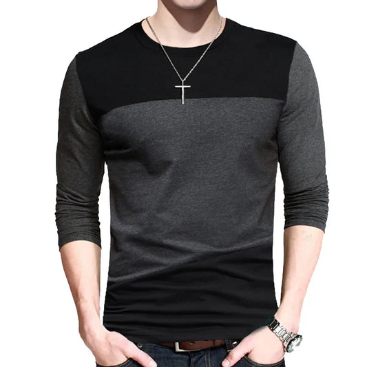 BROWON Autumn Korean Men T Shirt Vintage Style Patchwork Black&Gray O-Neck Long Tshirt Men Clothing 2026 Plus Size M-5XL