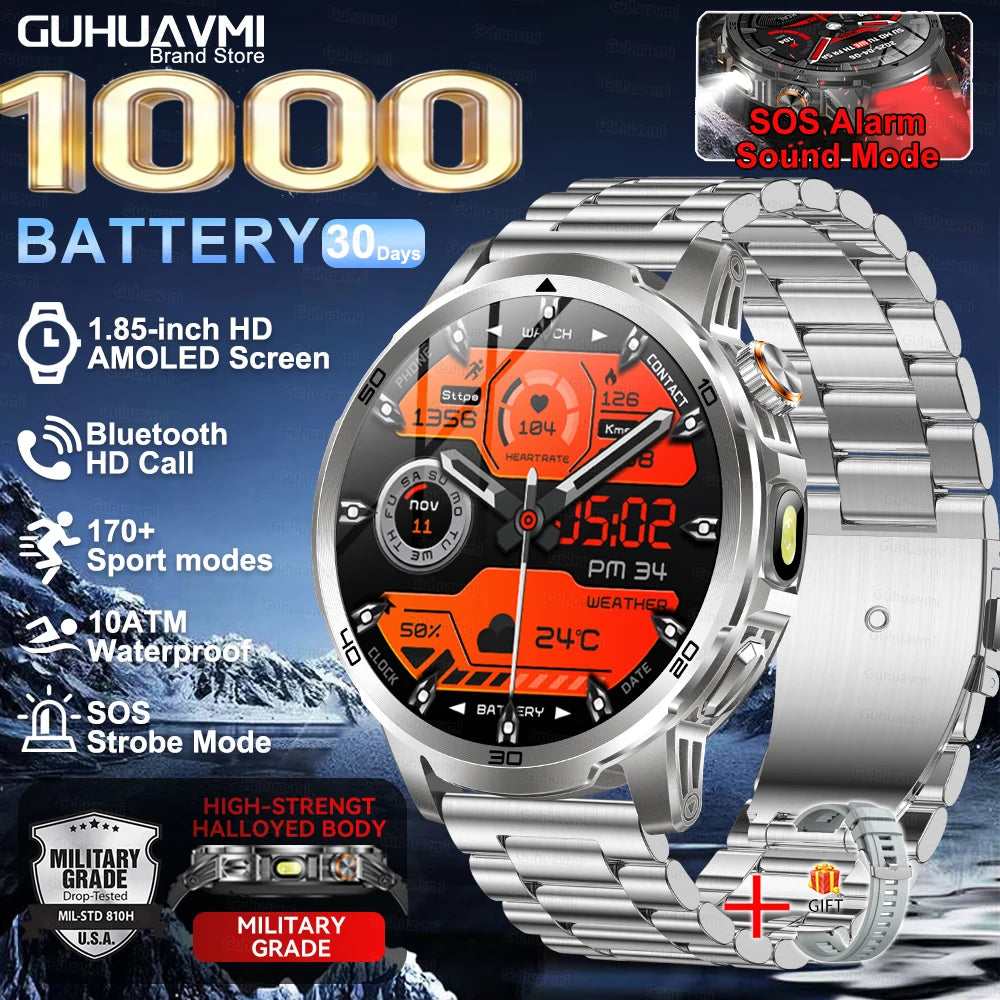 2026 New  Outdoor Adventure 1000mAh Large Battery  1.85"Smart Watch 10ATM Waterproof Voice Call Sports Men GPS Fitness Bracelet
