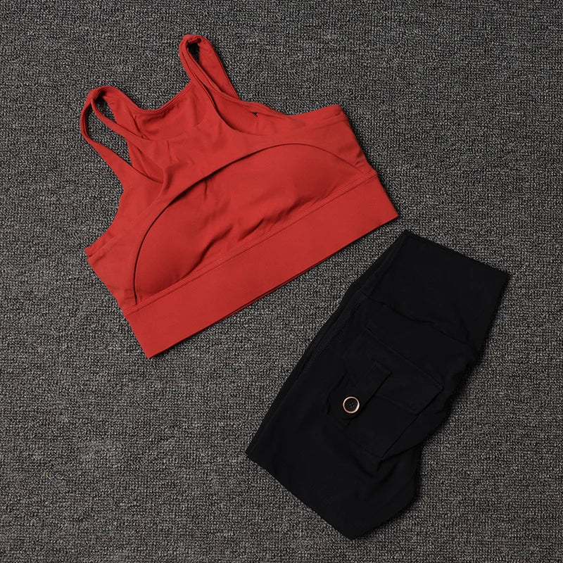 TRY TO BN Fitness Shorts Yoga Sports Bra Sets Women's Tracksuit Sportswear Workout High Waisted Leggings Cycling Gym Suit Pocket