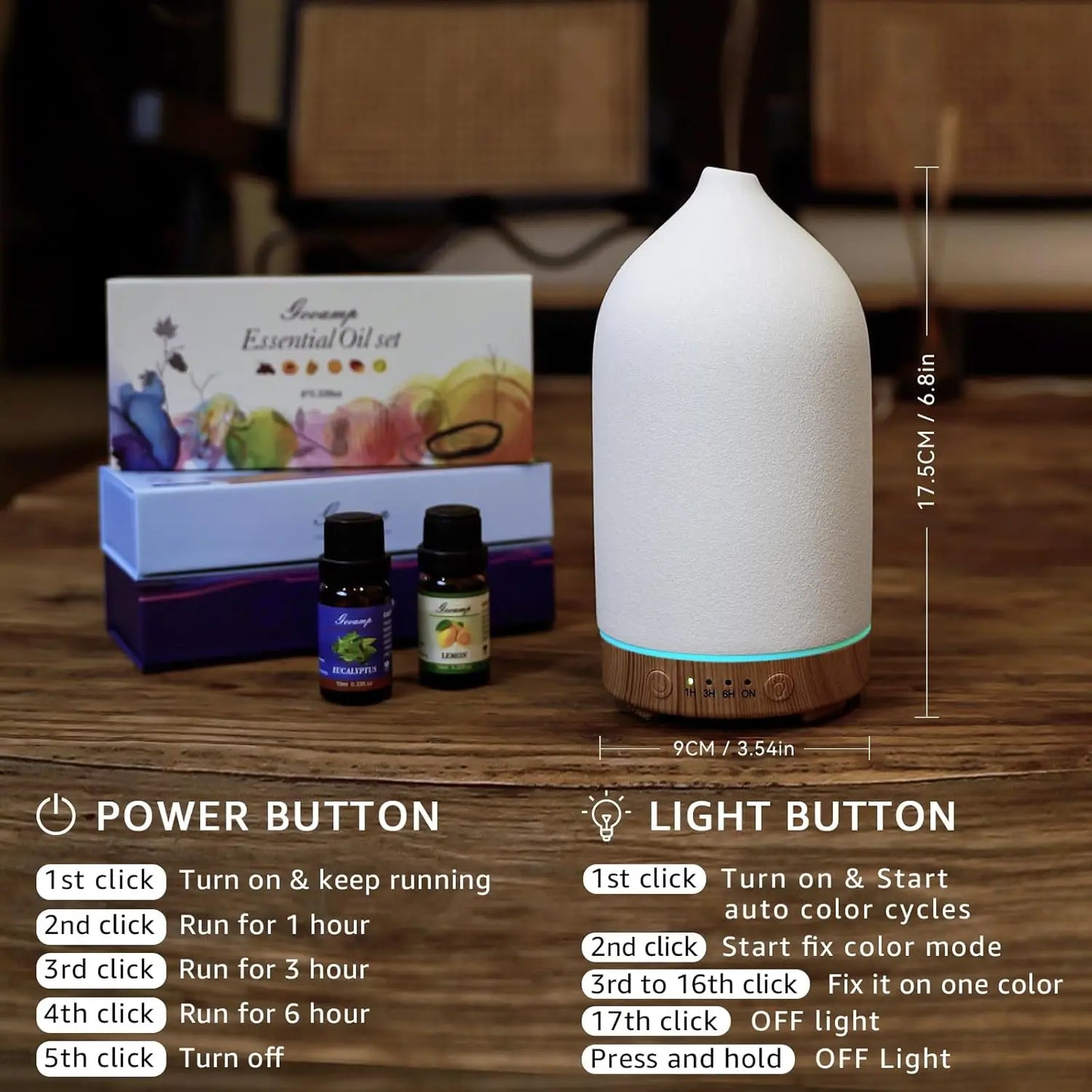 Ceramic Essential Oil Diffuser Ultrasonic Aromatherapy Humidifier with 7-Color LED Lights Auto Shut-Off 1H/3H/6H Timer