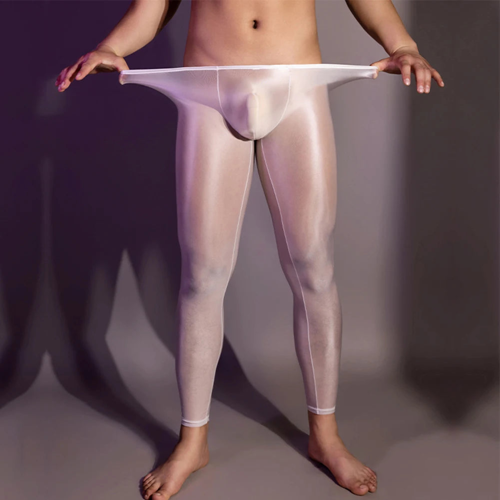 Men's Ultra Thin Oil Shiny Leggings Tight Elastic Sexy Transparent Pouch Underwear Pants Skinny Trousers Man Exotic Pants