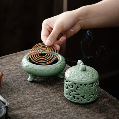 Celadon Hollow Floral Pattern Tripod Aromatherapy Burner Coil Incense Holder Indoor Tea Ceremony Fragrance Censer Home Decor