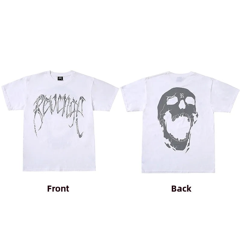 Dark Reflective Skull Bones Tee Short Sleeve Men's T-shirt Street Style Revenge Theme Youth Fashion Casual round Neck