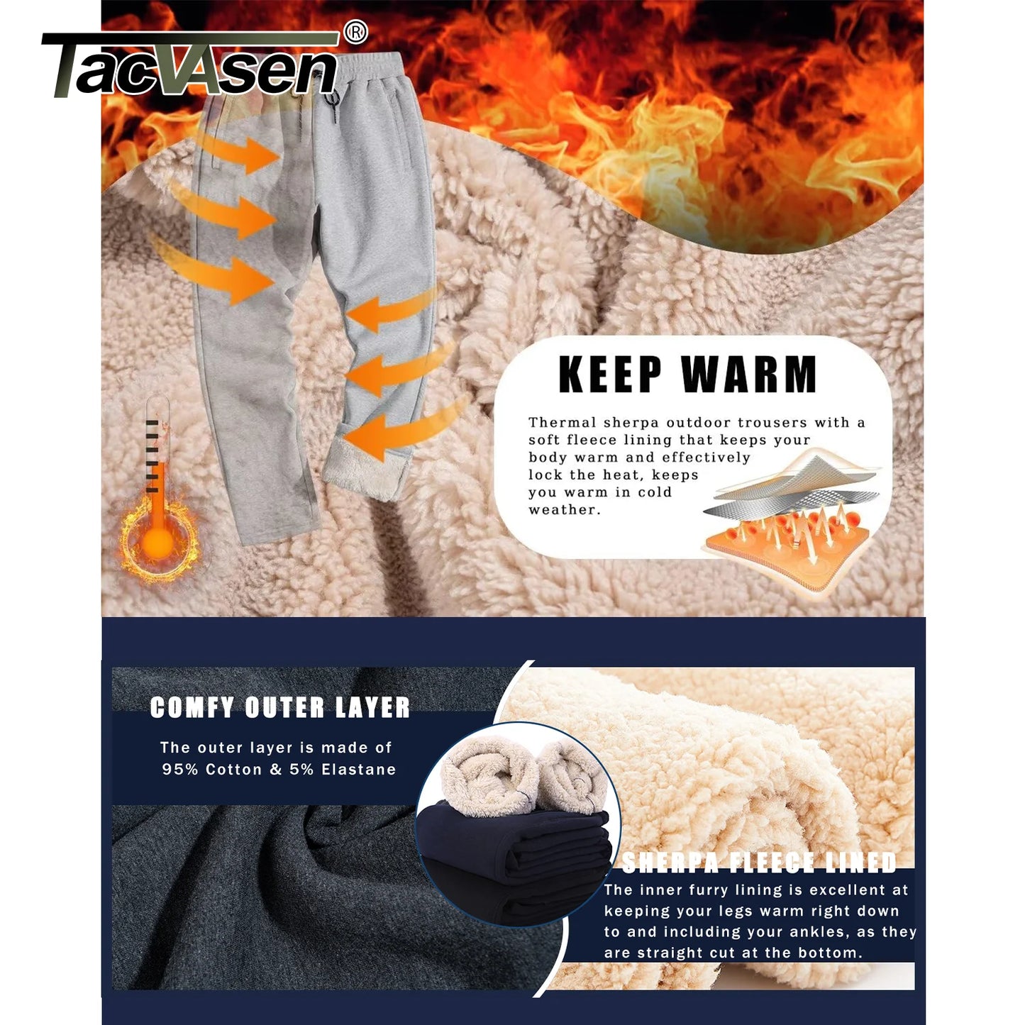 TACVASEN Winter Fleece Pants Mens Thicken Warm Thermal Trousers Drawstring Elastic Waist Jogging Pants Fitness Running Jogger