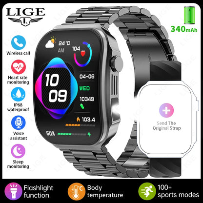 LIGE New 2.2-inch 3D Curved Screen Smart Watch With LED Light Thermometer Health Monitor Smartwatch BT Call Sports Fitness Watch
