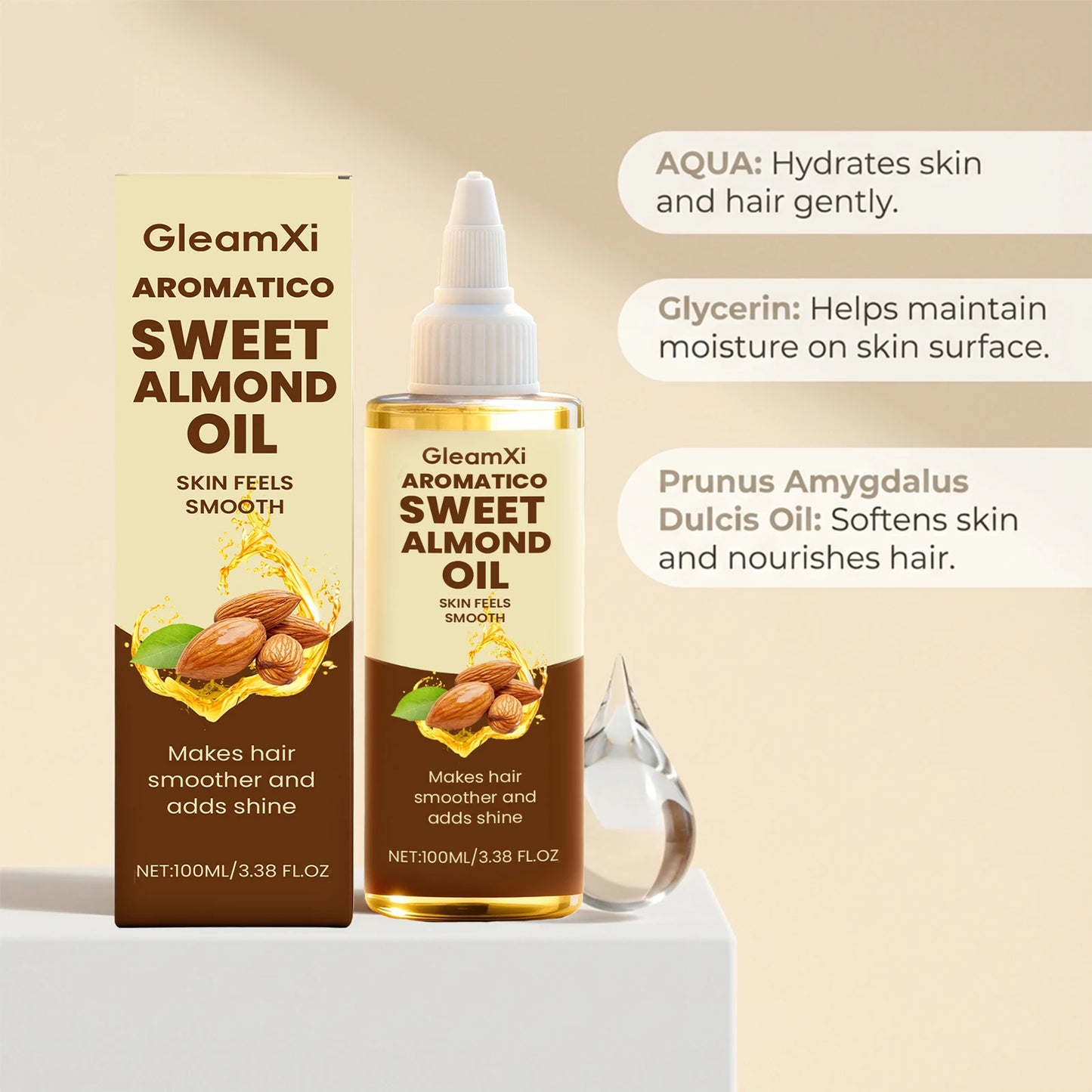 Almond Body Oil - Gentle ingredients, lightweight texture, moisturizing and refreshing, nourishes the skin