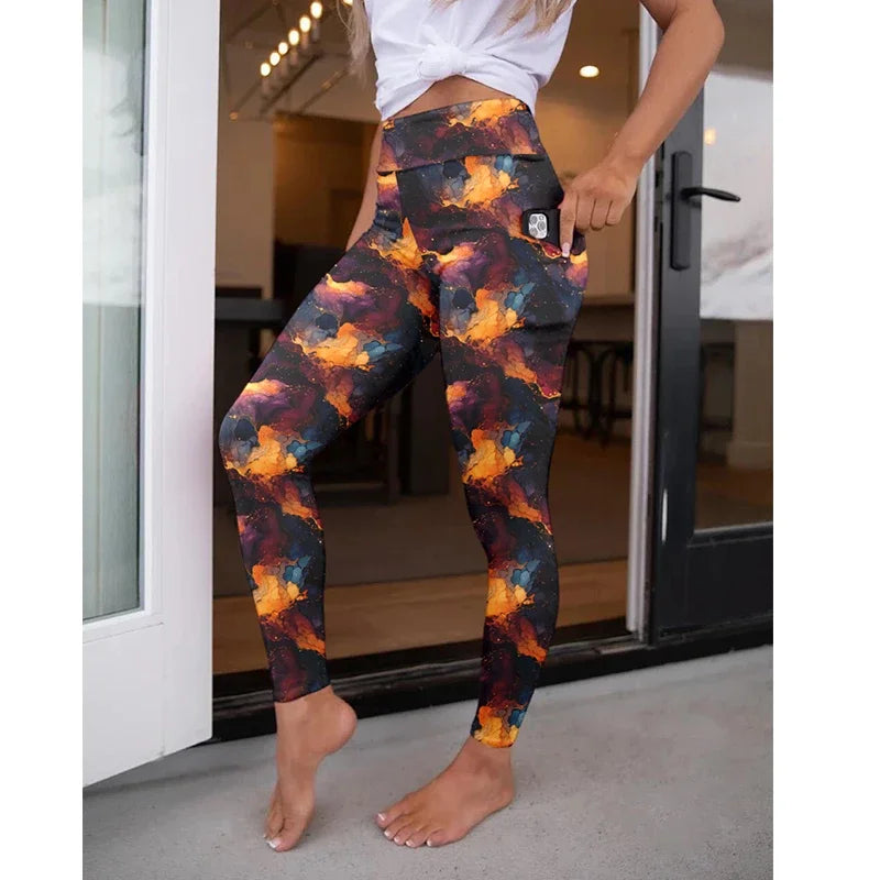 LETSFIND New Arrival Women Pockert Elastic Pants Fashion High Waist 3D Digital Printing Stretch Fitness Sexy Girls Leggings
