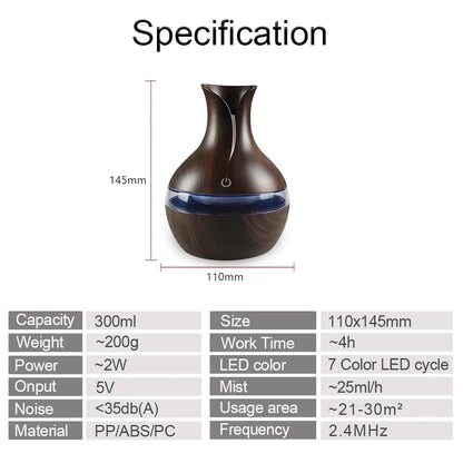 Mini USB Diffuser Air Humidifier with 7-Colors LED night light Aromatherapy Diffuser 300ml Cool Mist Maker for home bedroom