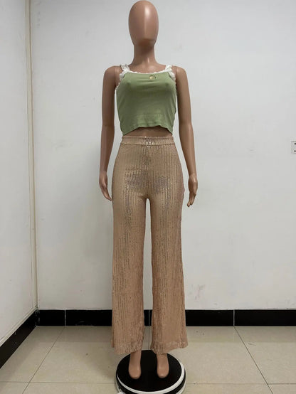 Vintage Bling Bling Sequined Pants Sexy Women High Waist Elegant Night Club Shiny Sequins Trousers
