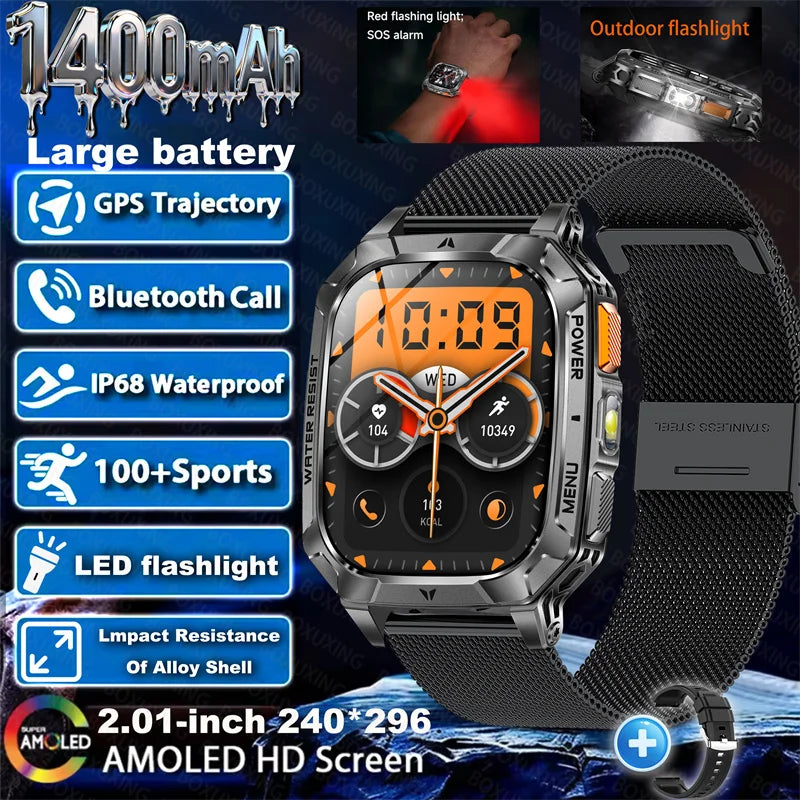 Outdoor military Smart Watch 1400mAh Battery Fitness Tracking 10ATM Waterproof Tactical Sports Flashlight Men's Phone Watches