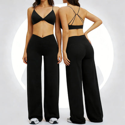 Yoga Set - Backless Bra + Cross Waist Wide Leg Pants Fitness Suit, Jogging Tracksuit Active Wear Workout Loungewear Sports Gym