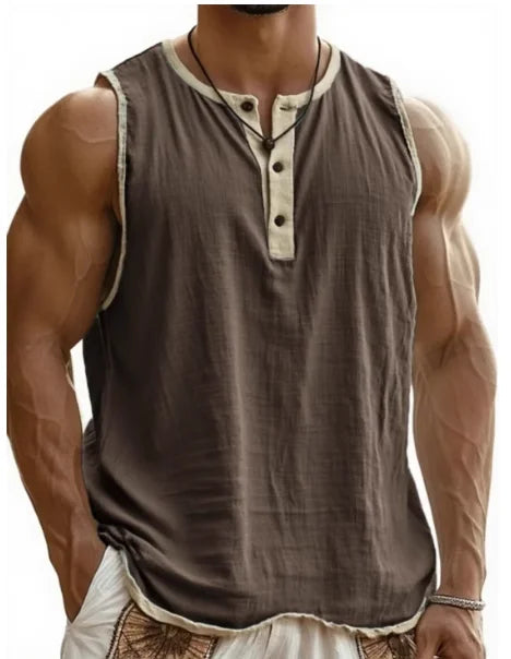 Summer 2025 Men's Fashion Cotton Sleeveless Fitness Casual Vest Color Block Trendy Button Decorated Loose Fit Sweat Wicking
