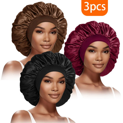 3pcs Satin Bonnet for Women Extra Wide Brim Silk Sleep Cap - Curly Hair Care, Gym & Travel, Breathable Elastic Band