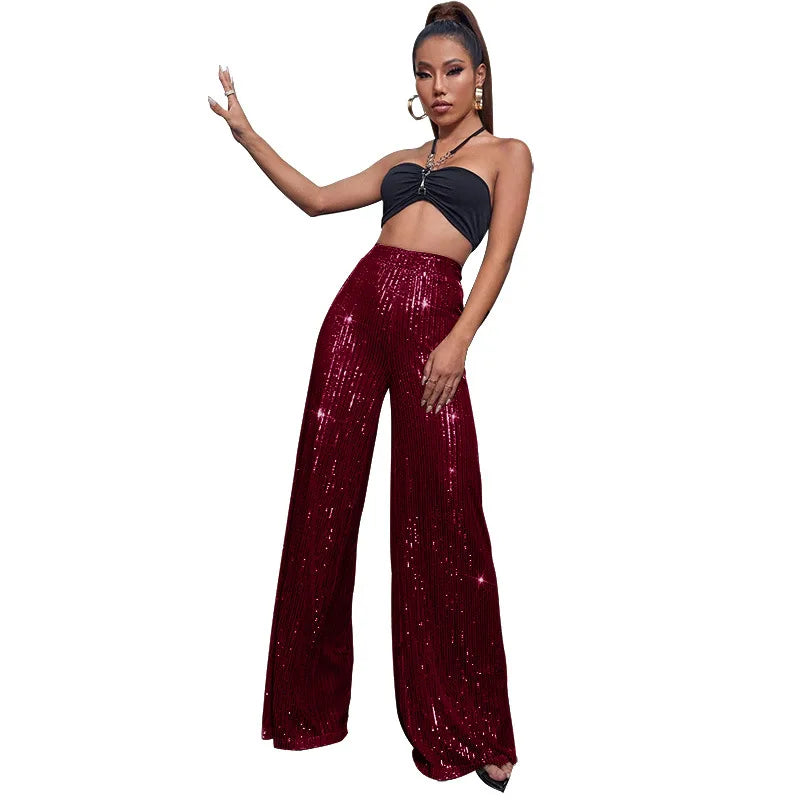 Vintage Bling Bling Sequined Pants Sexy Women High Waist Elegant Night Club Shiny Sequins Trousers