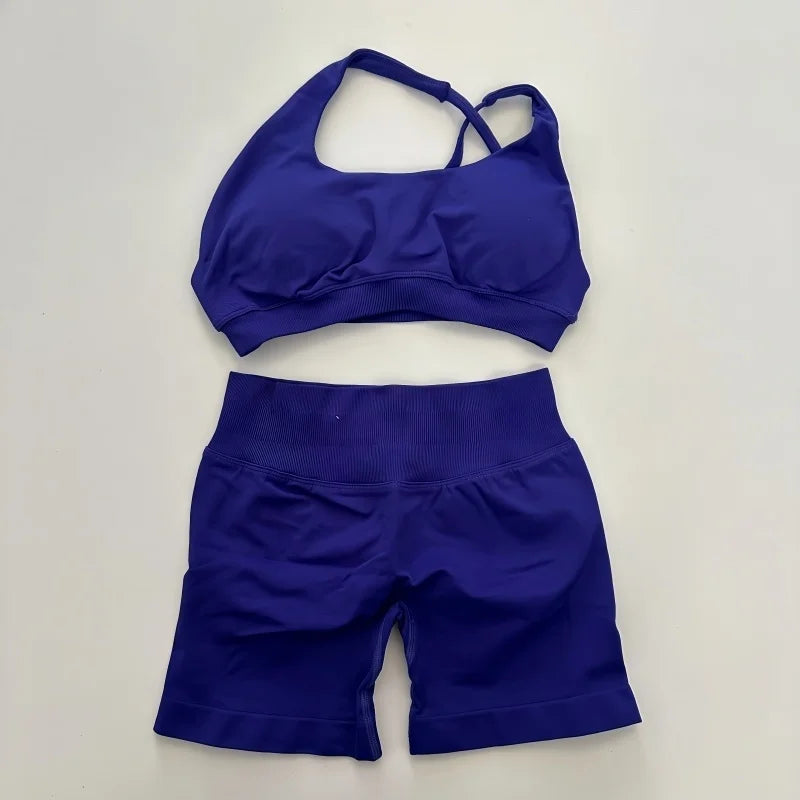 Yoga Asymmetric Gym Set Women Seamless Yoga Set Workout Shorts Sets Halter Sports Bra Scrunch Bum Shorts Fitness Clothes