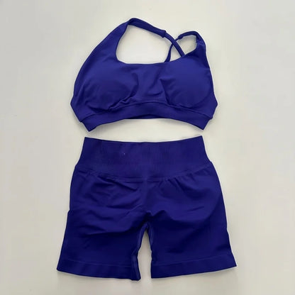 Yoga Asymmetric Gym Set Women Seamless Yoga Set Workout Shorts Sets Halter Sports Bra Scrunch Bum Shorts Fitness Clothes